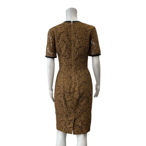 Burberry Camel Gold Lace Leather Trim Short Dress size 4/IT 38 - Picture 4 of 8